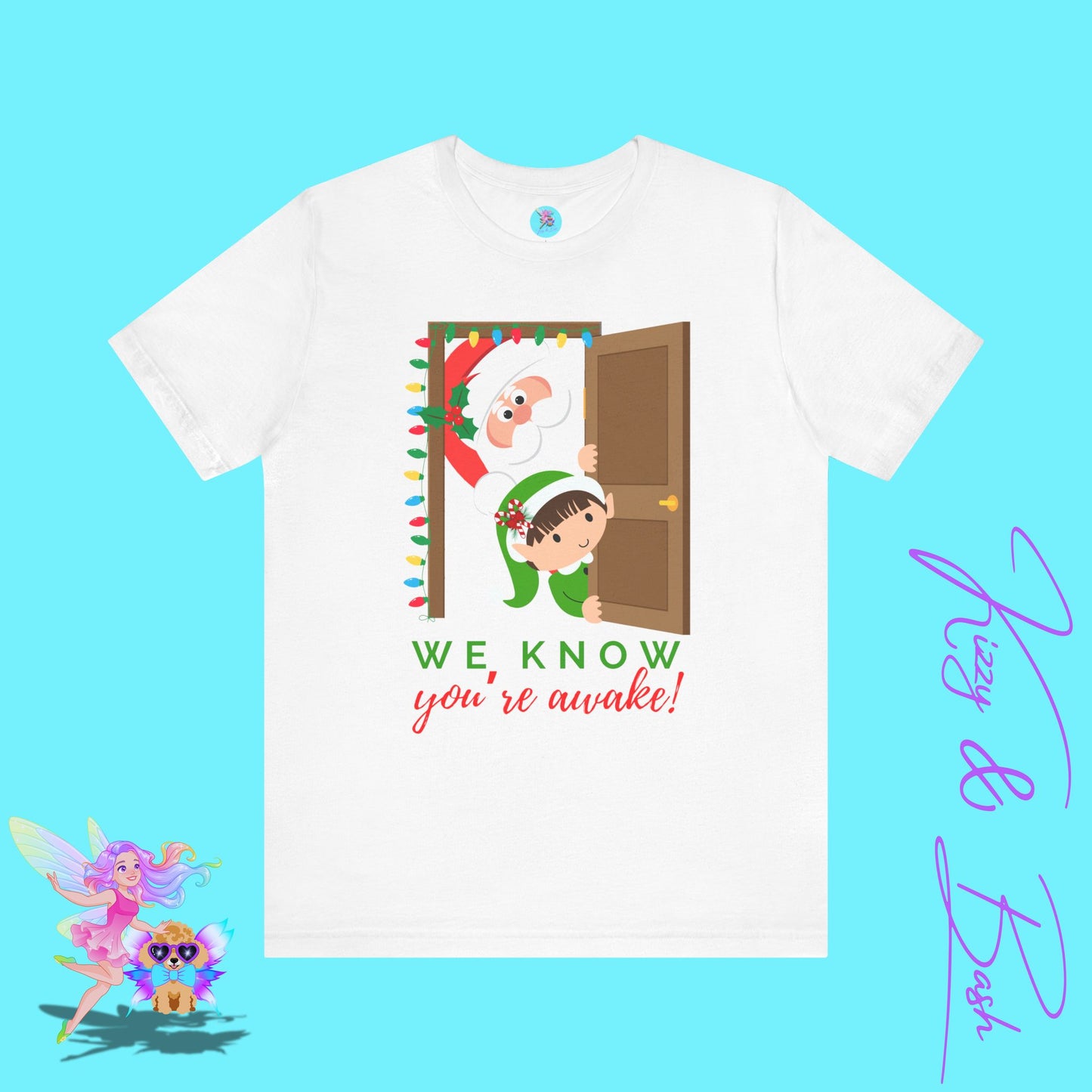Funny Santa and Elf Christmas Shirt “We Know You’re Awake!” Doorway Peeking Design Holiday Graphic Tee for Him or Her Adult Unisex Jersey Short Sleeve Tee