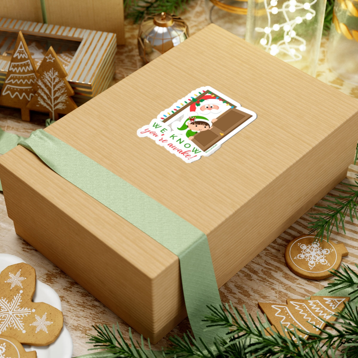 Hilarious Santa and Elf Sticker Funny Christmas Sticker for Kids Perfect Gift for Santa Lovers Funny Gift for Elf Lovers We Know You're Awake Christmas Kiss-Cut Stickers