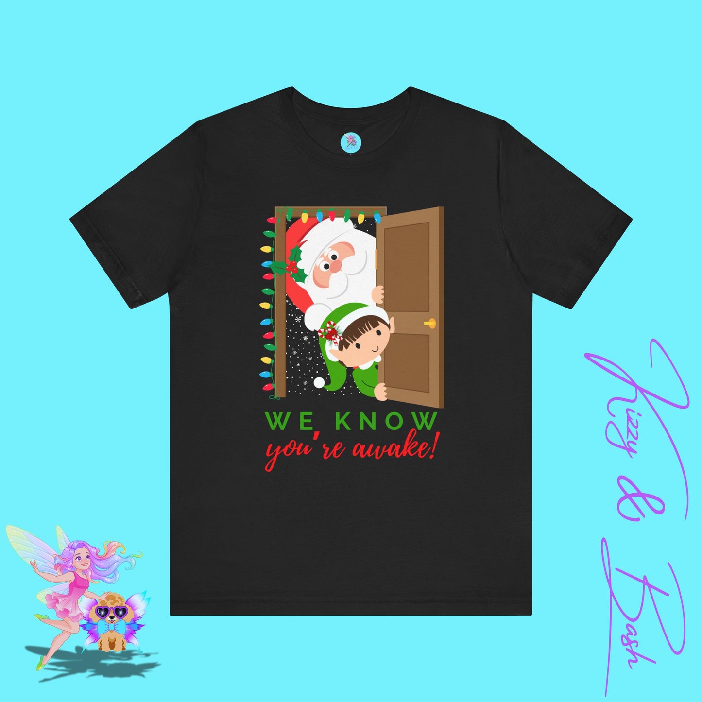 Funny Santa and Elf Christmas Shirt “We Know You’re Awake!” Doorway Peeking Design Holiday Graphic Tee for Him or Her Adult Unisex Jersey Short Sleeve Tee