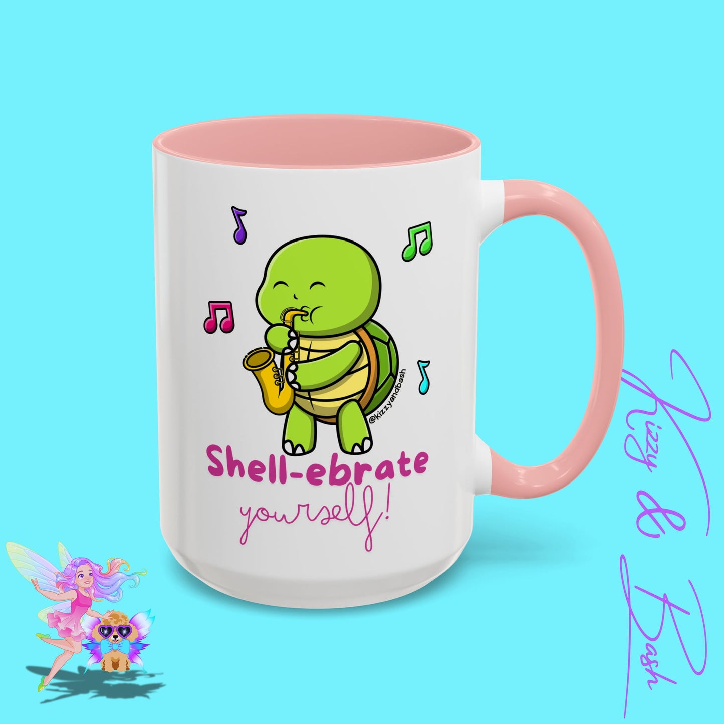Cute Turtle Coffee Mug Funny Turtle Mug Saxophone Playing Turtle Perfect Teacher Appreciation Gift Funny Band Camp Mug Gift for Band Teacher Shell-ebrate Yourself Funny Pun Mug Celebrate Yourself Accent Coffee Mug - 11, 15oz