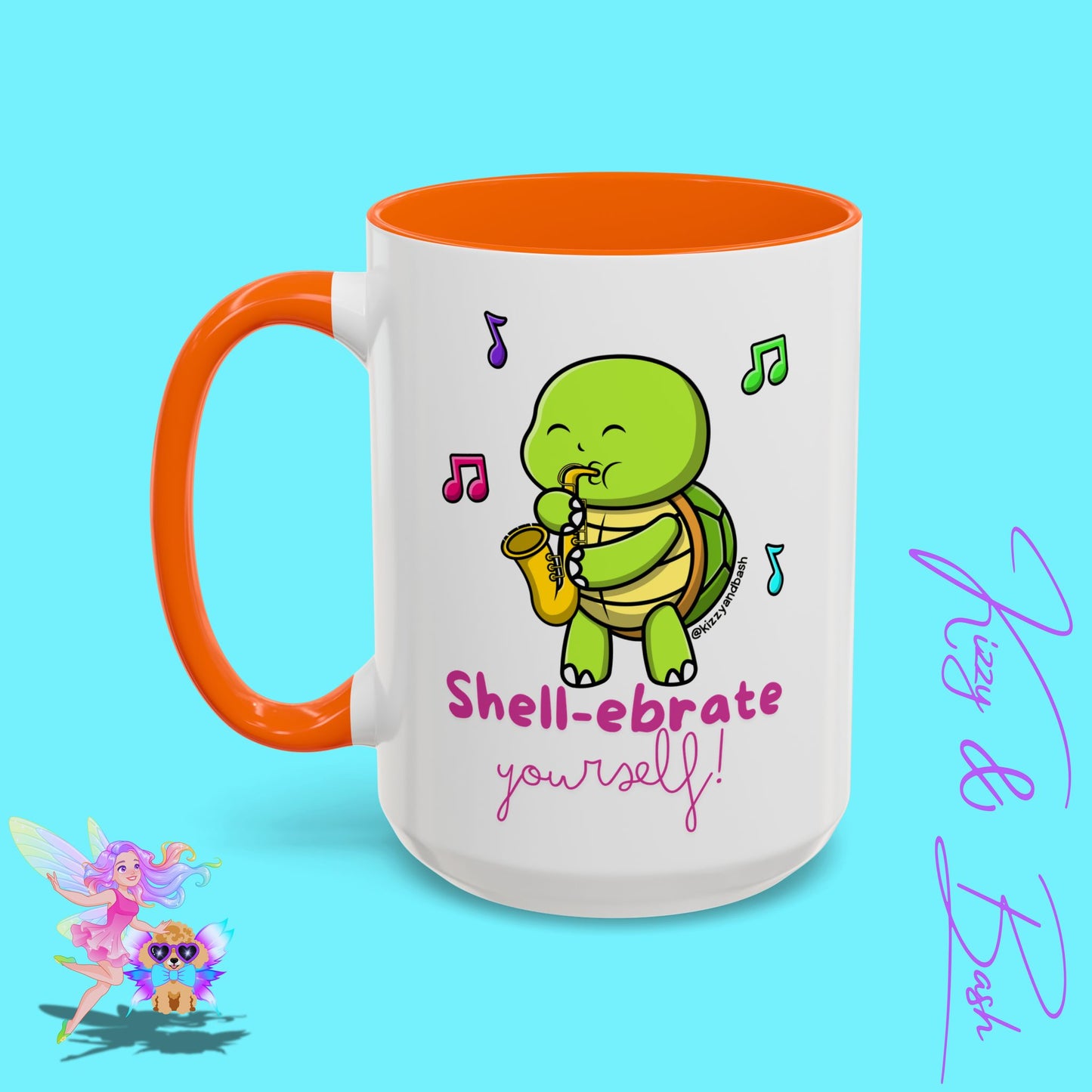 Cute Turtle Coffee Mug Funny Turtle Mug Saxophone Playing Turtle Perfect Teacher Appreciation Gift Funny Band Camp Mug Gift for Band Teacher Shell-ebrate Yourself Funny Pun Mug Celebrate Yourself Accent Coffee Mug - 11, 15oz