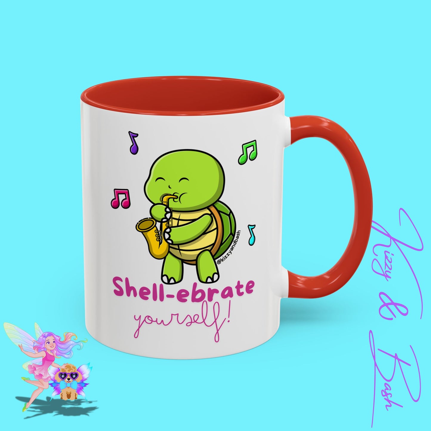 Cute Turtle Coffee Mug Funny Turtle Mug Saxophone Playing Turtle Perfect Teacher Appreciation Gift Funny Band Camp Mug Gift for Band Teacher Shell-ebrate Yourself Funny Pun Mug Celebrate Yourself Accent Coffee Mug - 11, 15oz