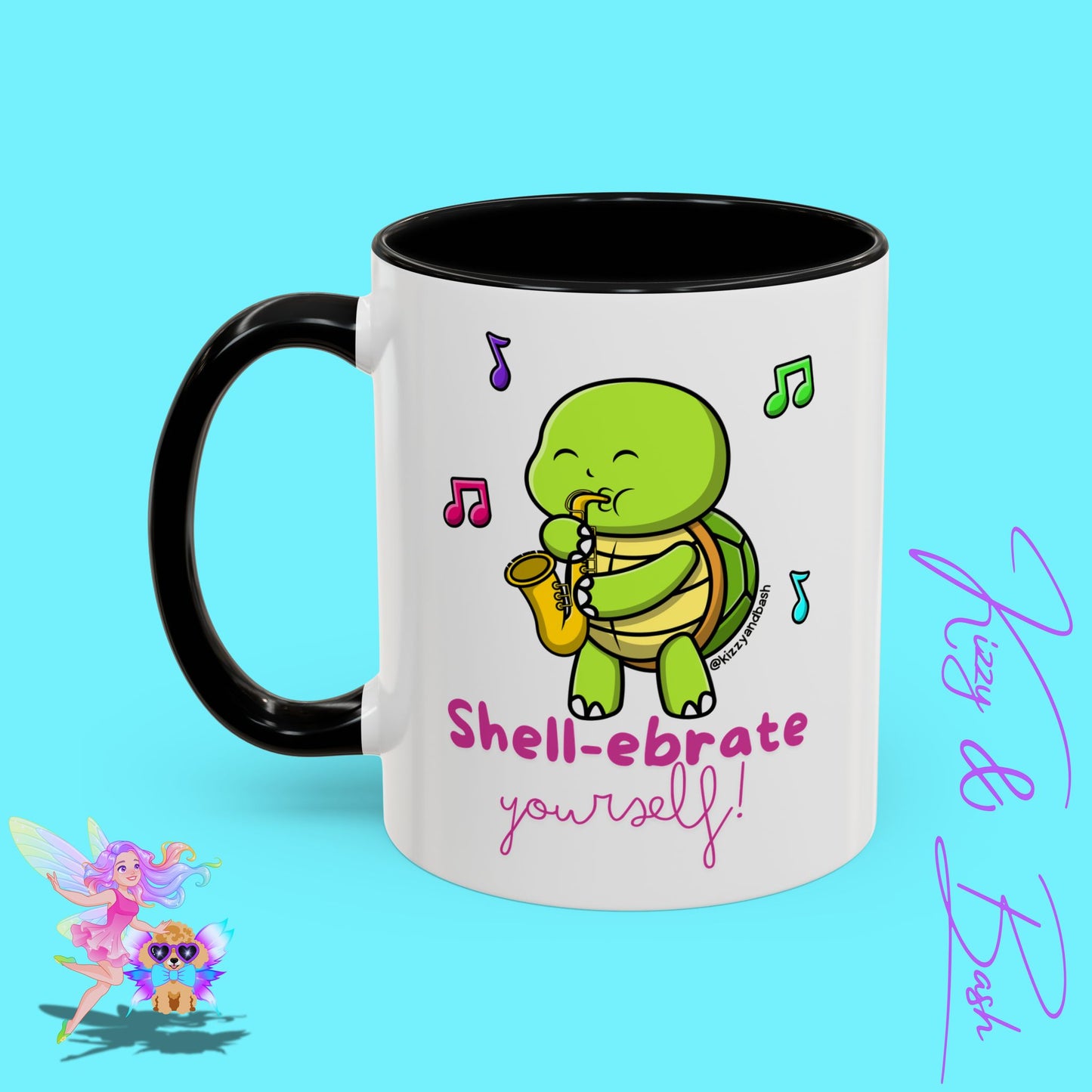 Cute Turtle Coffee Mug Funny Turtle Mug Saxophone Playing Turtle Perfect Teacher Appreciation Gift Funny Band Camp Mug Gift for Band Teacher Shell-ebrate Yourself Funny Pun Mug Celebrate Yourself Accent Coffee Mug - 11, 15oz