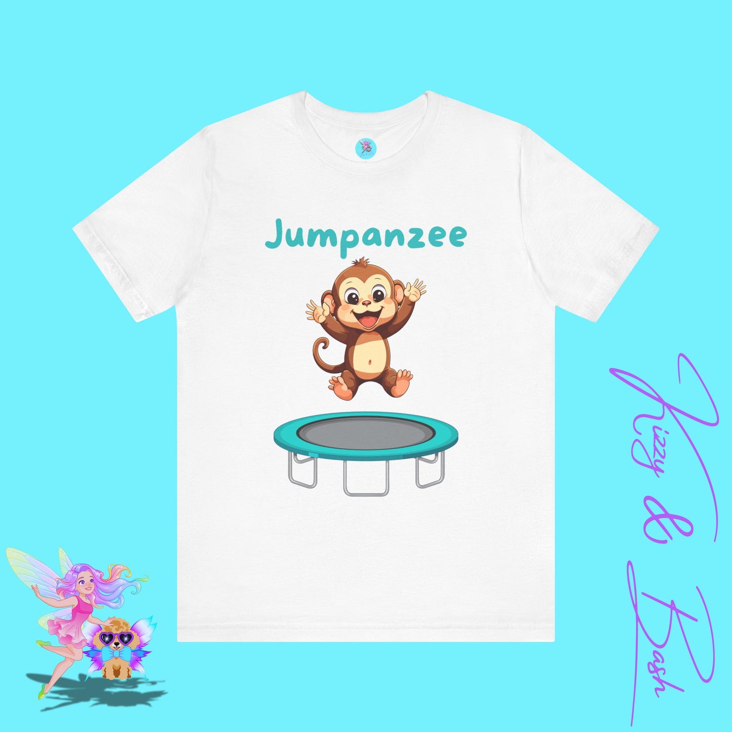 Jumpanzee T-Shirt Funny Monkey Jumping on Trampoline Graphic Tee Cute Animal Pun T-Shirt Fun Gift for Trampoline or Zoo Lovers Silly Monkey Shirt Monkey Lover Gift Adult Unisex Jersey Short Sleeve Tee
