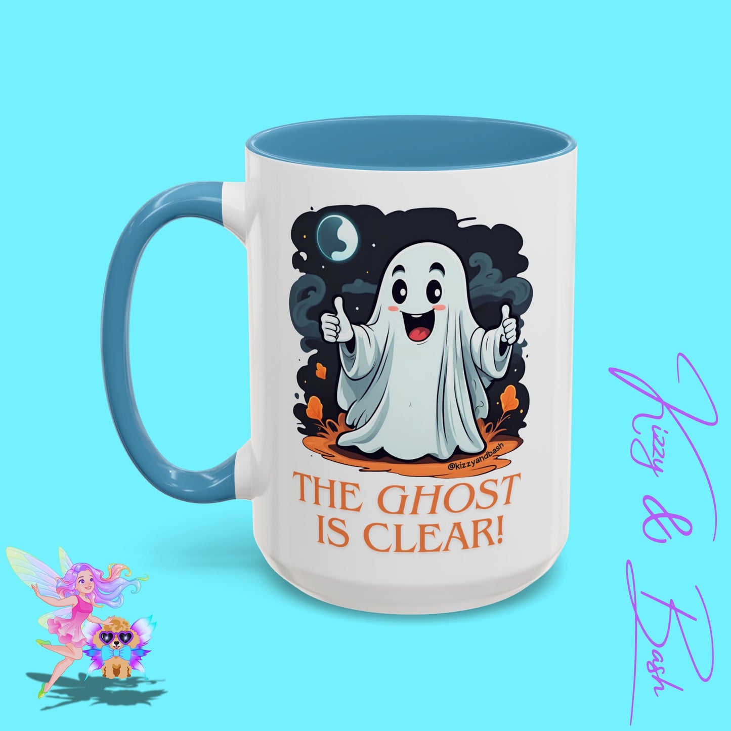 Funny Halloween Mug Cute Halloween Coffee Mug Unique Ghost Lover Gift The Ghost is Clear The Coast is Clear Punny Ghost with Two Thumbs Up Accent Coffee Mug - 11, 15oz