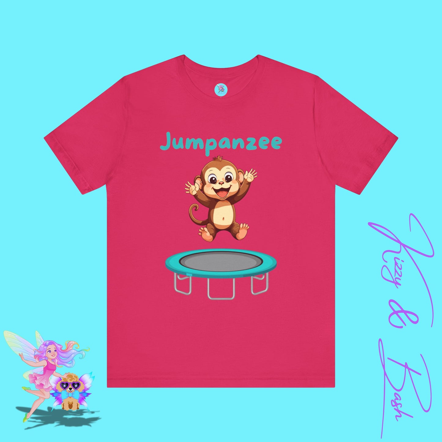 Jumpanzee T-Shirt Funny Monkey Jumping on Trampoline Graphic Tee Cute Animal Pun T-Shirt Fun Gift for Trampoline or Zoo Lovers Silly Monkey Shirt Monkey Lover Gift Adult Unisex Jersey Short Sleeve Tee