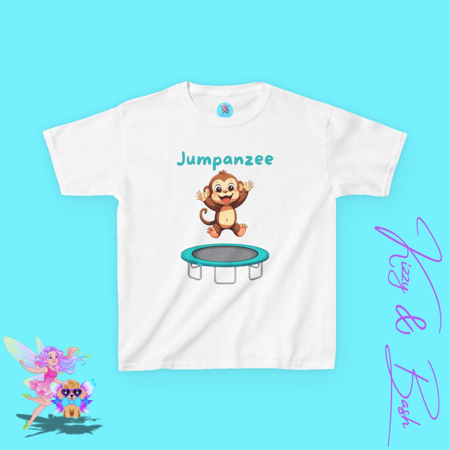 Jumpanzee Monkey Jumping on Trampoline Shirt for Kids Wildlife Humor Shirt Cute Animal Pun T-Shirt Hilarious Animal-Themed Gift Happy Monkey Shirt for Kids Heavy Cotton™ Tee