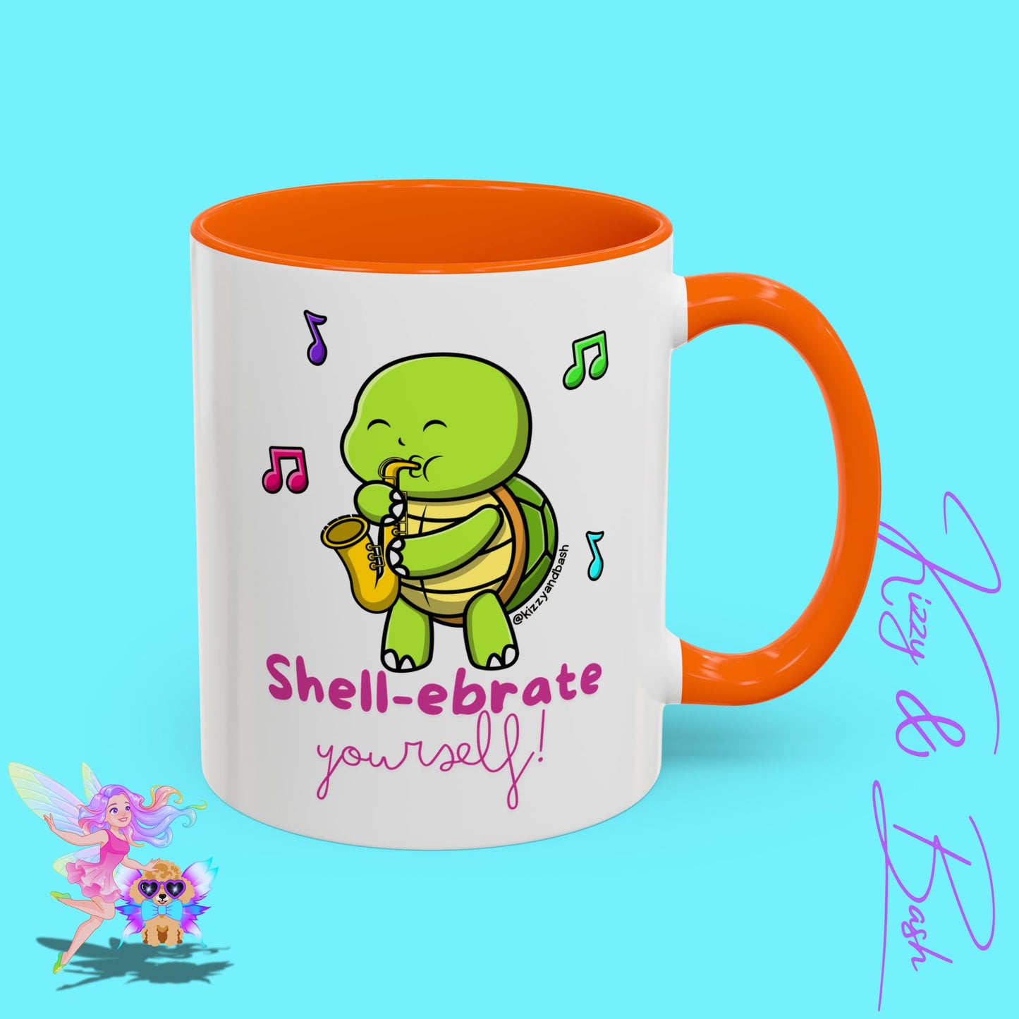 Cute Turtle Coffee Mug Funny Turtle Mug Saxophone Playing Turtle Perfect Teacher Appreciation Gift Funny Band Camp Mug Gift for Band Teacher Shell-ebrate Yourself Funny Pun Mug Celebrate Yourself Accent Coffee Mug - 11, 15oz