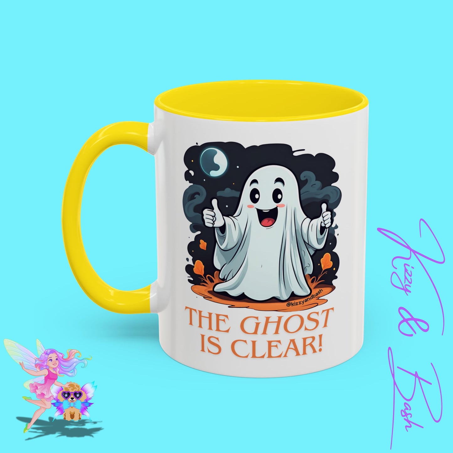 Funny Halloween Mug Cute Halloween Coffee Mug Unique Ghost Lover Gift The Ghost is Clear The Coast is Clear Punny Ghost with Two Thumbs Up Accent Coffee Mug - 11, 15oz
