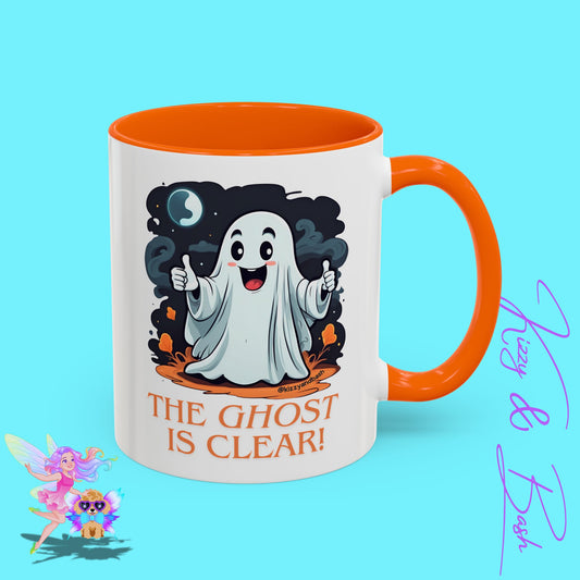 Funny Halloween Mug Cute Halloween Coffee Mug Unique Ghost Lover Gift The Ghost is Clear The Coast is Clear Punny Ghost with Two Thumbs Up Accent Coffee Mug - 11, 15oz