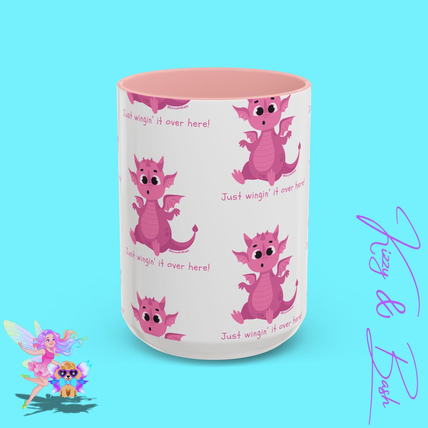 Pink Dragon Coffee Mug for Her Funny Dragon Mug Unique Dragon Gift for Her Just Wingin' It Over Here Self-Affirming Gift Idea Dragon Lover Mug Pink Lover Accent Coffee Mug  11, 15oz
