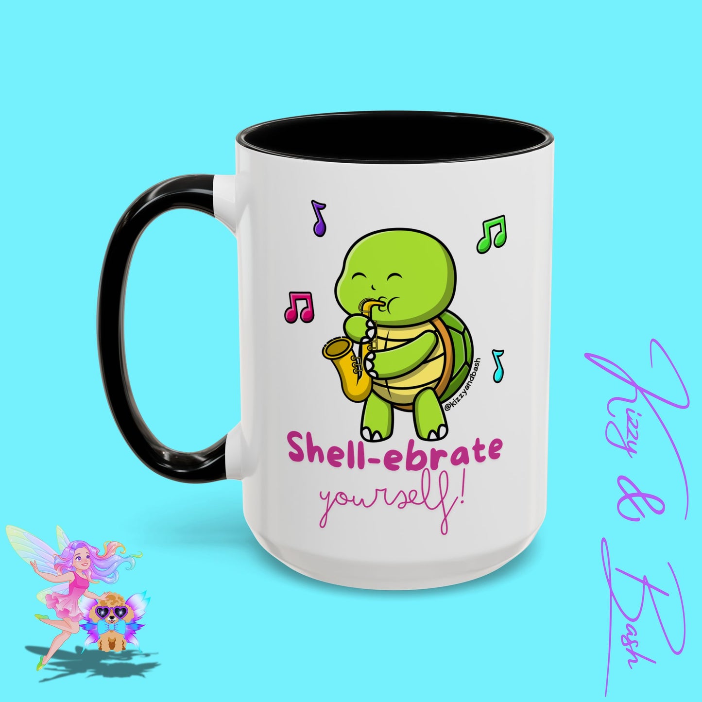 Cute Turtle Coffee Mug Funny Turtle Mug Saxophone Playing Turtle Perfect Teacher Appreciation Gift Funny Band Camp Mug Gift for Band Teacher Shell-ebrate Yourself Funny Pun Mug Celebrate Yourself Accent Coffee Mug - 11, 15oz
