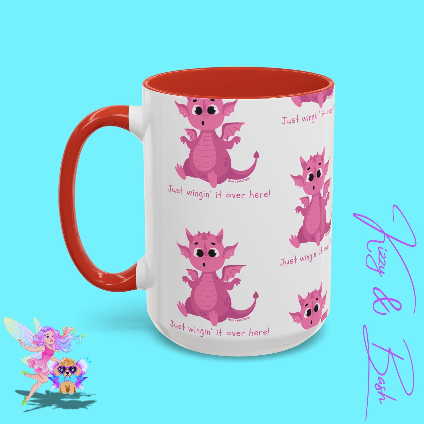 Pink Dragon Coffee Mug for Her Funny Dragon Mug Unique Dragon Gift for Her Just Wingin' It Over Here Self-Affirming Gift Idea Dragon Lover Mug Pink Lover Accent Coffee Mug  11, 15oz