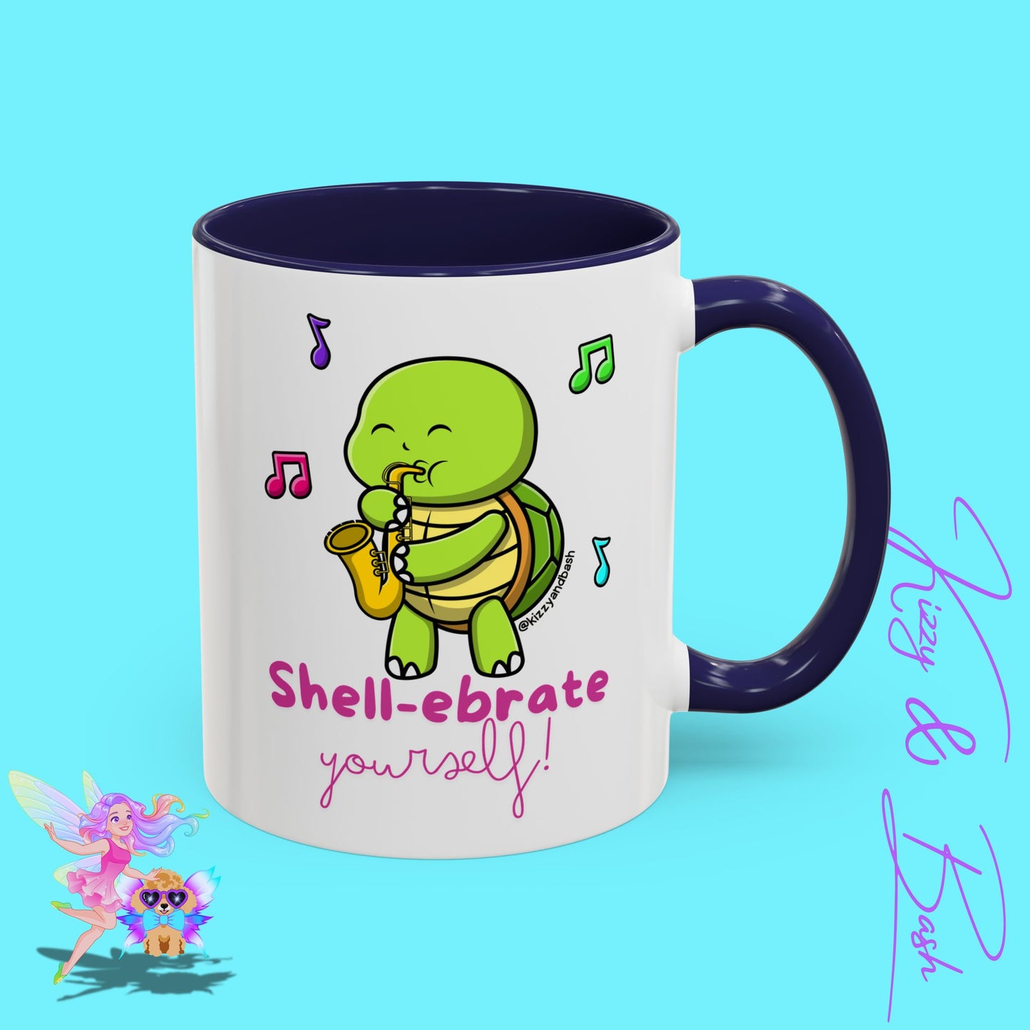 Cute Turtle Coffee Mug Funny Turtle Mug Saxophone Playing Turtle Perfect Teacher Appreciation Gift Funny Band Camp Mug Gift for Band Teacher Shell-ebrate Yourself Funny Pun Mug Celebrate Yourself Accent Coffee Mug - 11, 15oz