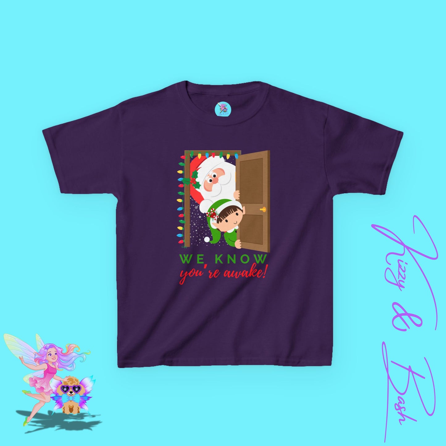 We Know You're Awake Funny Santa and Elf Christmas Shirt for Kids Funny Holiday Graphic Tee Unique Holiday Gift Idea for Elf Lovers Santa Shirt for Kids Heavy Cotton™ Tee