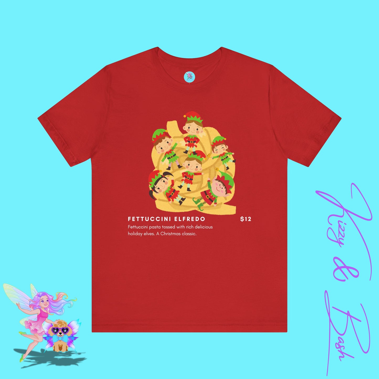 Fettuccini Elfredo Foodie Lover Shirt Pasta and Elves Funny Holiday T-Shirt Food Pun Christmas Shirt Food Lover Tee Hilarious Christmas Gift Teacher Christmas Gift Adult Unisex Jersey Short Sleeve Tee