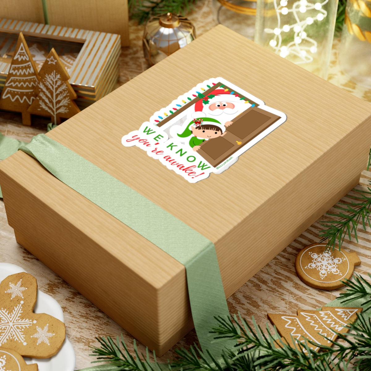 Hilarious Santa and Elf Sticker Funny Christmas Sticker for Kids Perfect Gift for Santa Lovers Funny Gift for Elf Lovers We Know You're Awake Christmas Kiss-Cut Stickers