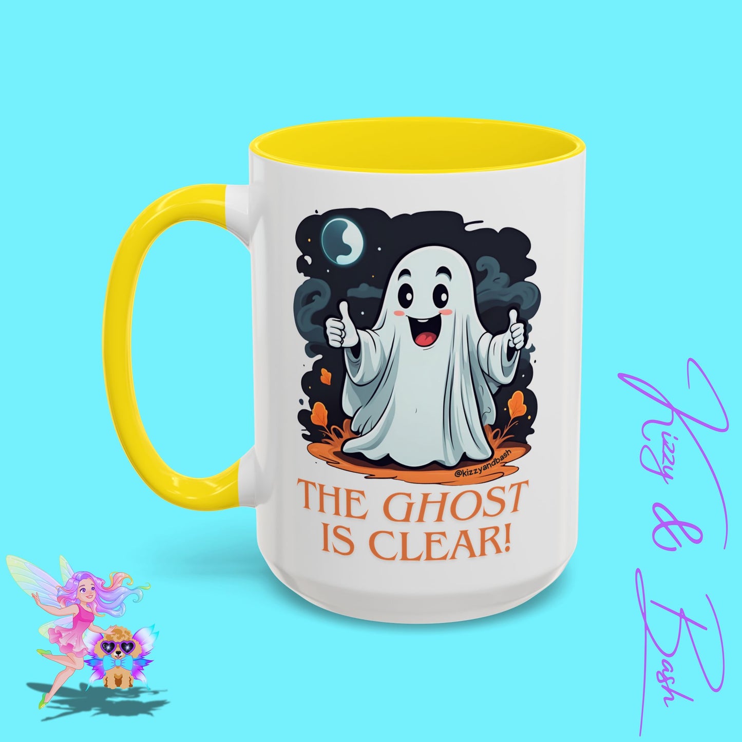 Funny Halloween Mug Cute Halloween Coffee Mug Unique Ghost Lover Gift The Ghost is Clear The Coast is Clear Punny Ghost with Two Thumbs Up Accent Coffee Mug - 11, 15oz
