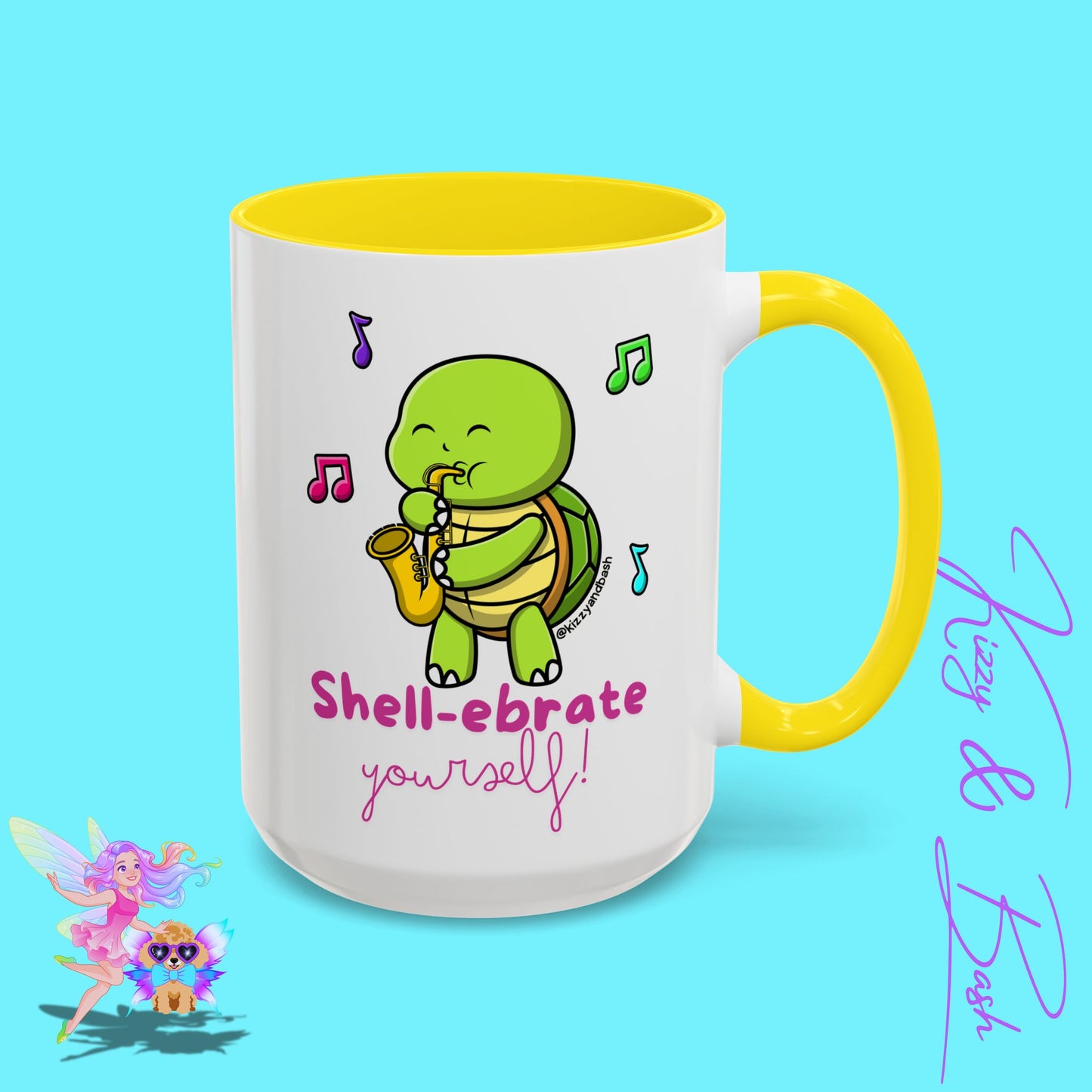 Cute Turtle Coffee Mug Funny Turtle Mug Saxophone Playing Turtle Perfect Teacher Appreciation Gift Funny Band Camp Mug Gift for Band Teacher Shell-ebrate Yourself Funny Pun Mug Celebrate Yourself Accent Coffee Mug - 11, 15oz