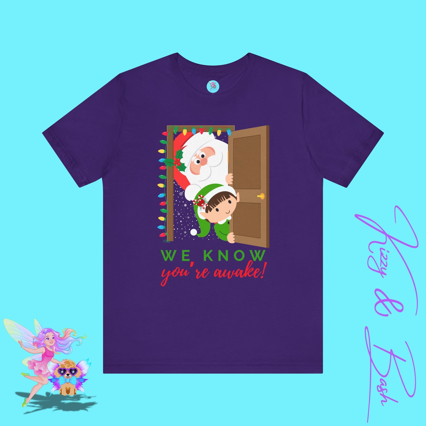 Funny Santa and Elf Christmas Shirt “We Know You’re Awake!” Doorway Peeking Design Holiday Graphic Tee for Him or Her Adult Unisex Jersey Short Sleeve Tee