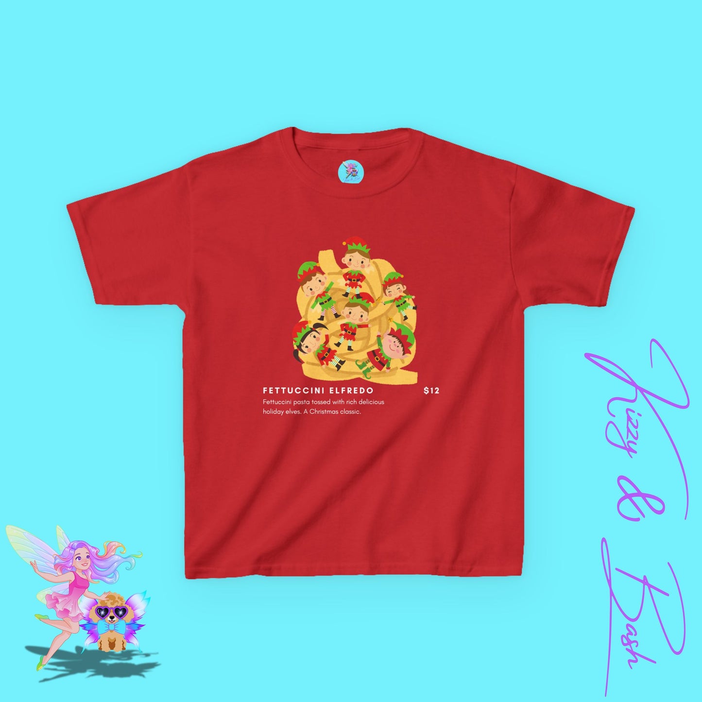 Fettuccini Elfredo Shirt Funny Holiday T-Shirt Gag Gift or Party Tee Idea Gift for Food Lovers Gift for Elf Fans Holiday Party Shirt Hilarious Christmas Shirt for Kids Heavy Cotton™ Tee