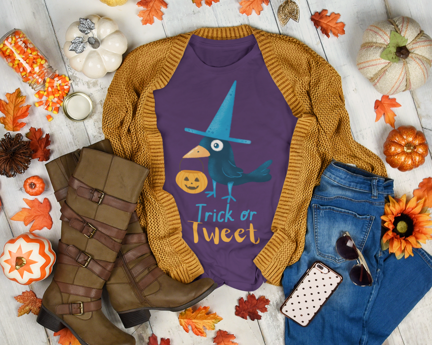 Funny Trick-or-Tweet Halloween Shirt for Adults Cute Black Bird with Jack-o’-Lantern Funny Halloween Pun T-Shirt Raven Lover Gift Adult Unisex Jersey Short Sleeve Tee Halloween Gift for Him or Her