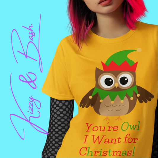 Funny Christmas Owl Shirt You're Owl I Want for Christmas Cute Holiday Pun T-Shirt Gift for Owl Lovers Adult Unisex Jersey Short Sleeve Tee