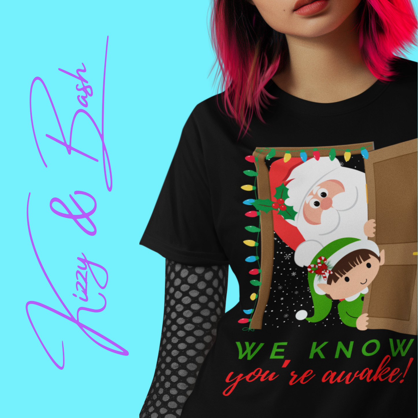Funny Santa and Elf Christmas Shirt “We Know You’re Awake!” Doorway Peeking Design Holiday Graphic Tee for Him or Her Adult Unisex Jersey Short Sleeve Tee