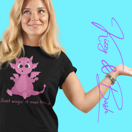 Funny Dragon Shirt Just Wingin’ It Over Here Cute Pink Dragon with Tiny Wings Fantasycore Humor Tee Dragoncore Dragon Humor T-Shirt Adult Unisex Jersey Short Sleeve Tee