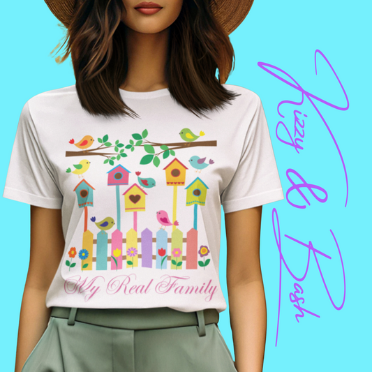 Colorful Spring Birds T-Shirt My Real Family Gift Cute Spring Gift for Bird Lovers Naturecore Graphic Tee Nature Lover Gift  Chosen Family My Tribe Adult Unisex Jersey Short Sleeve Tee