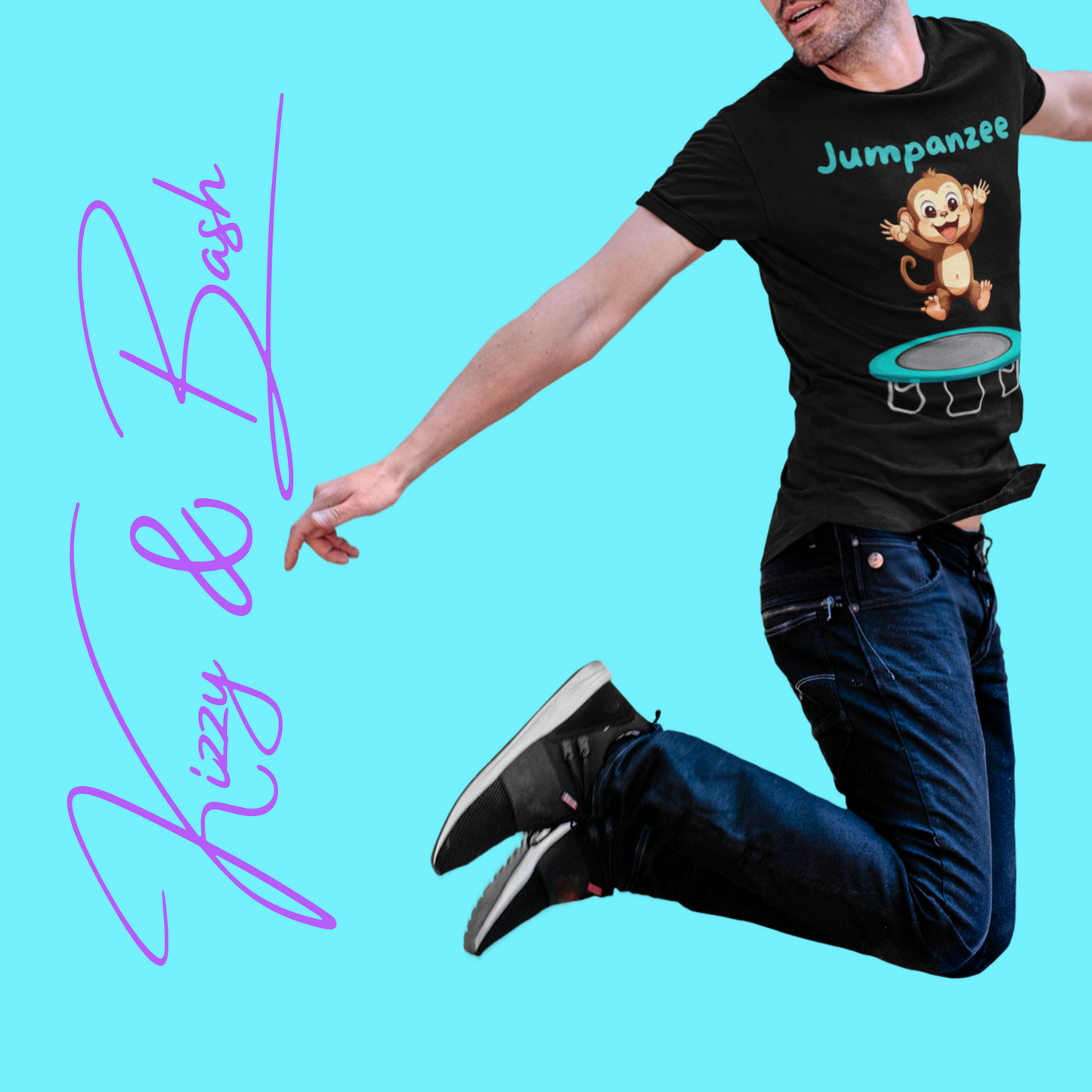 Jumpanzee T-Shirt Funny Monkey Jumping on Trampoline Graphic Tee Cute Animal Pun T-Shirt Fun Gift for Trampoline or Zoo Lovers Silly Monkey Shirt Monkey Lover Gift Adult Unisex Jersey Short Sleeve Tee