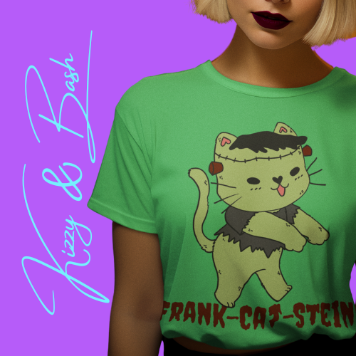 Frank-Cat-Stein Cute Halloween Zombie Cat T-Shirt Monster Cat Halloween Pun Shirt Gift for Frankenstein Fans Cat Lover Gift For Cat Mom or Cat Dad Funny English Teacher Appreciation Gift Adult Unisex Jersey Short Sleeve Tee