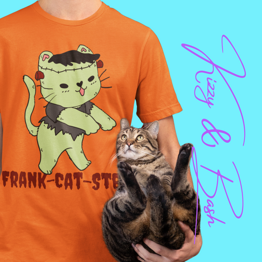 Frankenstein Kitty Cat T-Shirt Cute Halloween Pun Shirt Perfect Halloween Shirt for Cat Lovers Funny Zombie Monster Cat Gift for Cat Mom or Cat Dad Unisex Heavy Cotton Tee