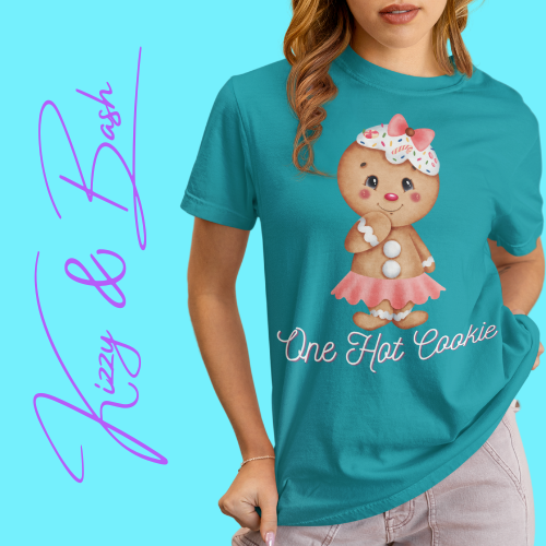 Cute Gingerbread Cookie Girl T-Shirt for Adults One Hot Cookie Shirt for Her Cute and Sassy Tee Cute Christmas Gift Idea Christmas Gift for Cookie Lovers Perfect Gift for Gingerbread Lovers Unisex Heavy Cotton Tee