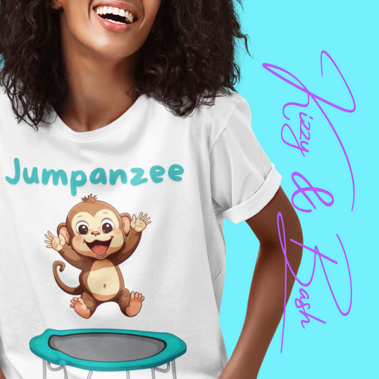 Jumpanzee T-Shirt Cute Monkey Jumping on a Trampoline T-Shirt Funny Animal Antics Shirt Trampoline Park Shirt Unique Monkey Lover Gift Idea Unisex Heavy Cotton Tee