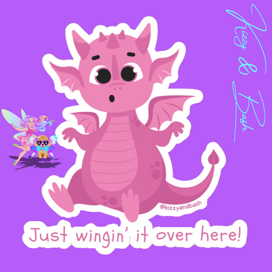 Pink Dragon Just Wingin' It Over Here Kiss-Cut Stickers Funny Dragon Stickers for Kids Cute Dragoncore Stickers Funny Self-Affirming Stickers