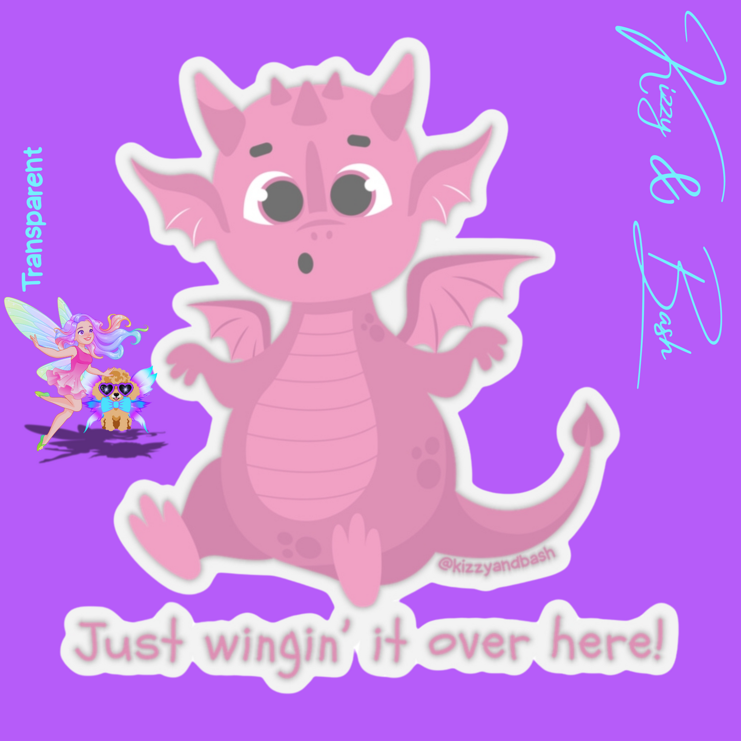 Pink Dragon Just Wingin' It Over Here Kiss-Cut Stickers Funny Dragon Stickers for Kids Cute Dragoncore Stickers Funny Self-Affirming Stickers