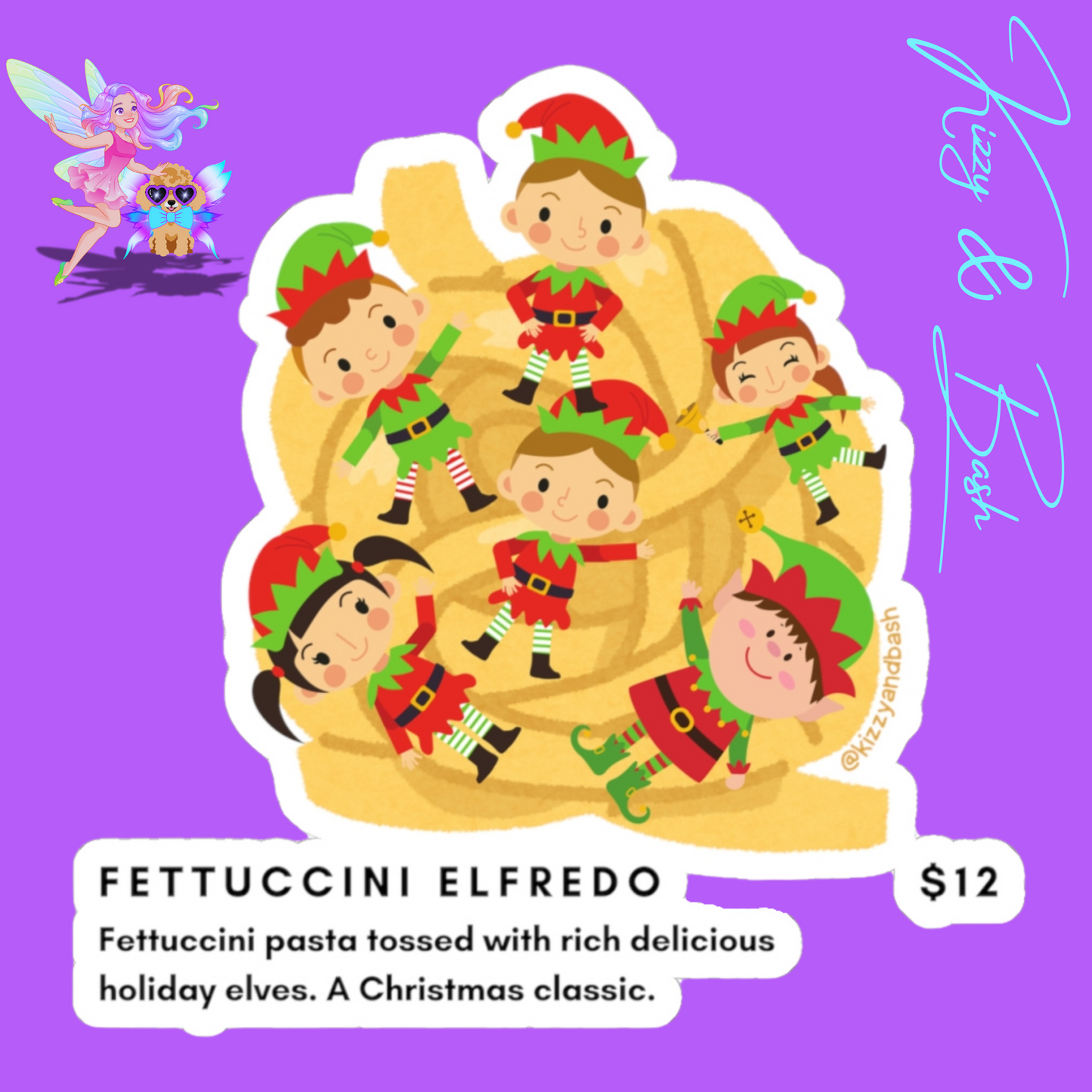 Funny Christmas Elves Stickers Holiday Pun Stickers Christmas Elves Tossed in Pasta Funny Foodie Stickers Holiday Pun Stickers Fettuccini Elfredo Kiss-Cut Stickers