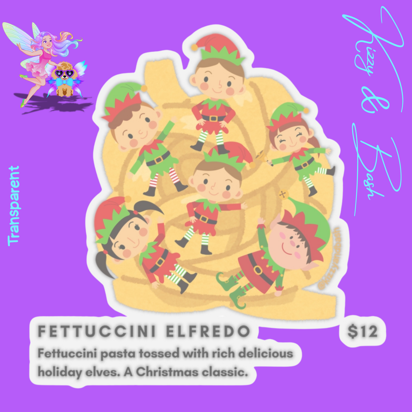 Funny Christmas Elves Stickers Holiday Pun Stickers Christmas Elves Tossed in Pasta Funny Foodie Stickers Holiday Pun Stickers Fettuccini Elfredo Kiss-Cut Stickers