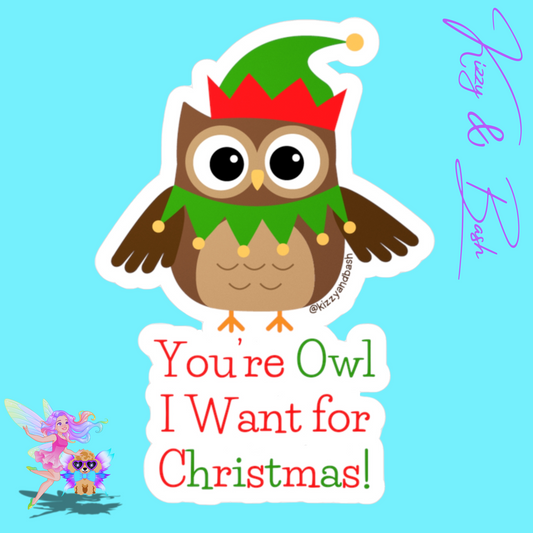 Waterproof Owl Decal Waterproof Christmas Decal Unique Gift for Owl Lovers Cute Christmas Owl Sticker Decal You're Owl I Want for Christmas You're All I Want for Christmas Kiss-Cut Vinyl Decals