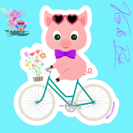 Waterproof Pig Riding Bicycle Kiss-Cut Vinyl Decals Unique Gift for Pig Lovers One of a Kind Pig Gift Funny Farm Animal Decal Adorable Spring Pig on Bike with Flowers
