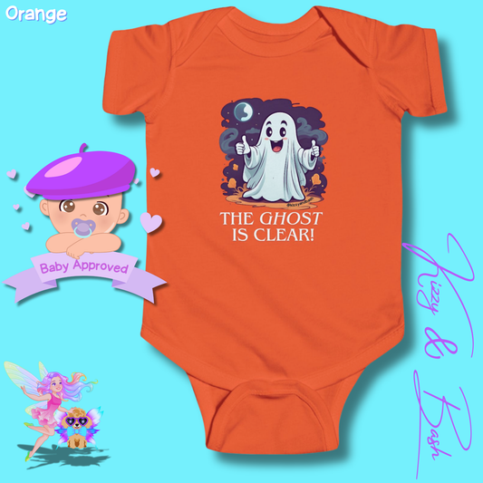 Adorable Halloween Onesie for Baby Funny Halloween Outfit for Newborn Unique Halloween Gift for Baby Shower Fun Gift for Halloween Baby The Ghost is Clear The Coast is Clear Pun Ghost with Two Thumbs Up Infant Fine Jersey Bodysuit