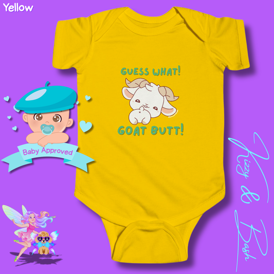 Cute Goat Infant Onesie for Baby Funny Farm Animal Outfit for Baby Hilarious Goat Butt Onesie Funny Gift for Newborn Baby Unique Baby Shower Gift Farm Animal Baby Nursery Decor Guess What Goat Butt Chicken Butt Joke Pun Infant Fine Jersey Bodysuit