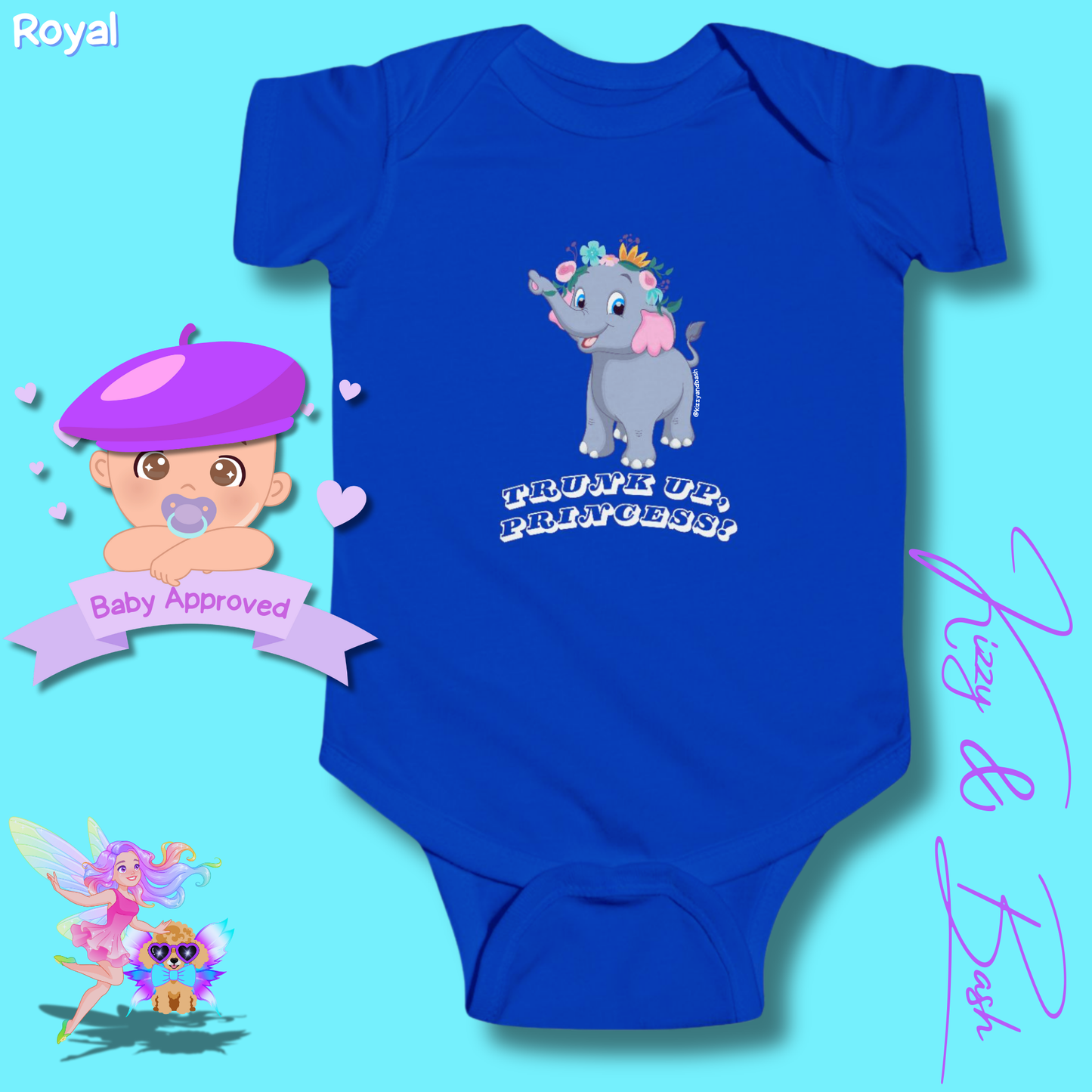 Beautiful Elephant Onesie for Baby Unique Baby Shower Gift Idea for Baby Girl Jungle Baby Shower Gift Animal Nursery Decor Princess Baby Shower Gift Trunk Up, Princess Royal Elephant Infant Fine Jersey Bodysuit