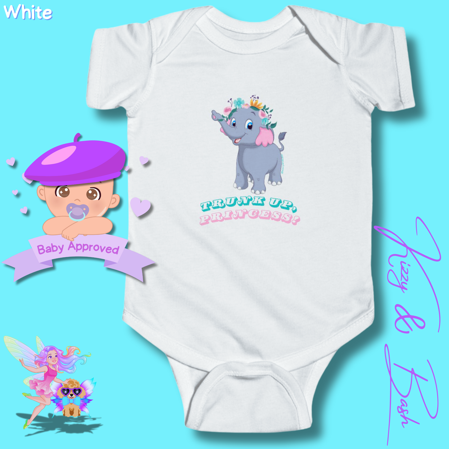 Beautiful Elephant Onesie for Baby Unique Baby Shower Gift Idea for Baby Girl Jungle Baby Shower Gift Animal Nursery Decor Princess Baby Shower Gift Trunk Up, Princess Royal Elephant Infant Fine Jersey Bodysuit