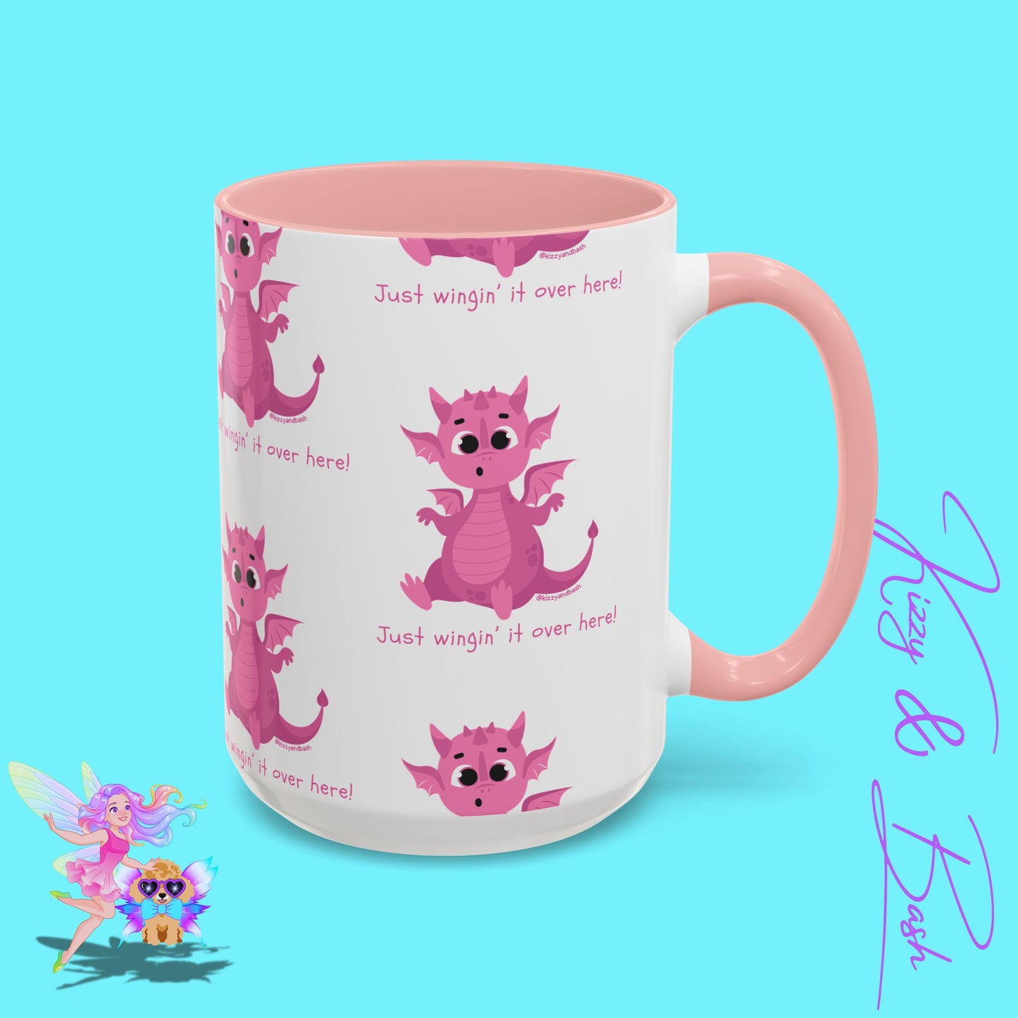 Pink Dragon Coffee Mug for Her Funny Dragon Mug Unique Dragon Gift for Her Just Wingin' It Over Here Self-Affirming Gift Idea Dragon Lover Mug Pink Lover Accent Coffee Mug  11, 15oz
