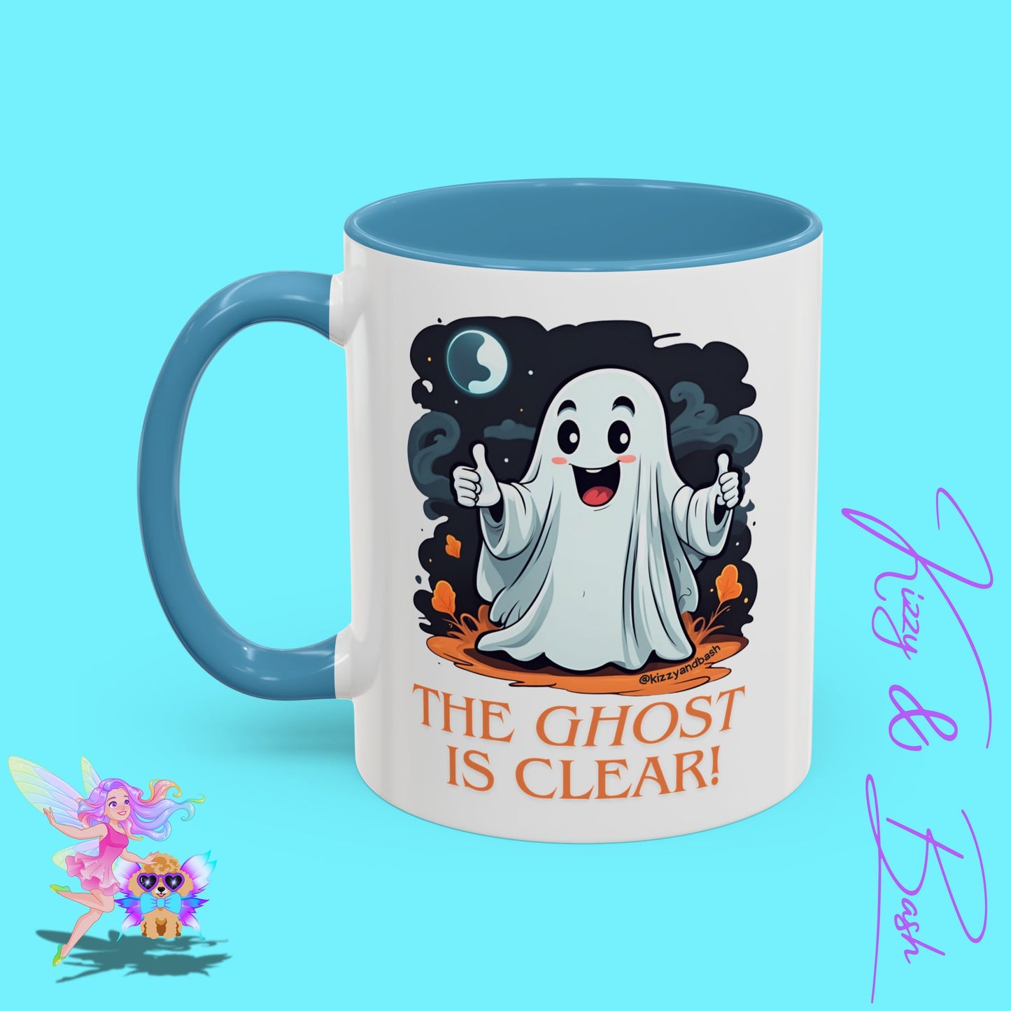 Funny Halloween Mug Cute Halloween Coffee Mug Unique Ghost Lover Gift The Ghost is Clear The Coast is Clear Punny Ghost with Two Thumbs Up Accent Coffee Mug - 11, 15oz
