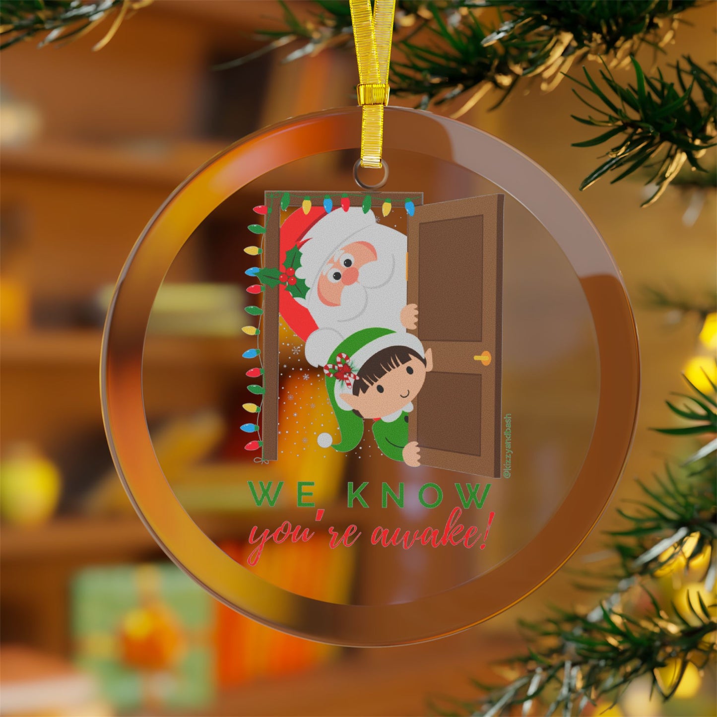 Funny Santa and Elf Ornament Unique Santa Christmas Ornament Funny Christmas Gift for Kids Perfect Gift for the Naughty List Funny Gift for Elf Lovers We Know You're Awake Glass Ornament