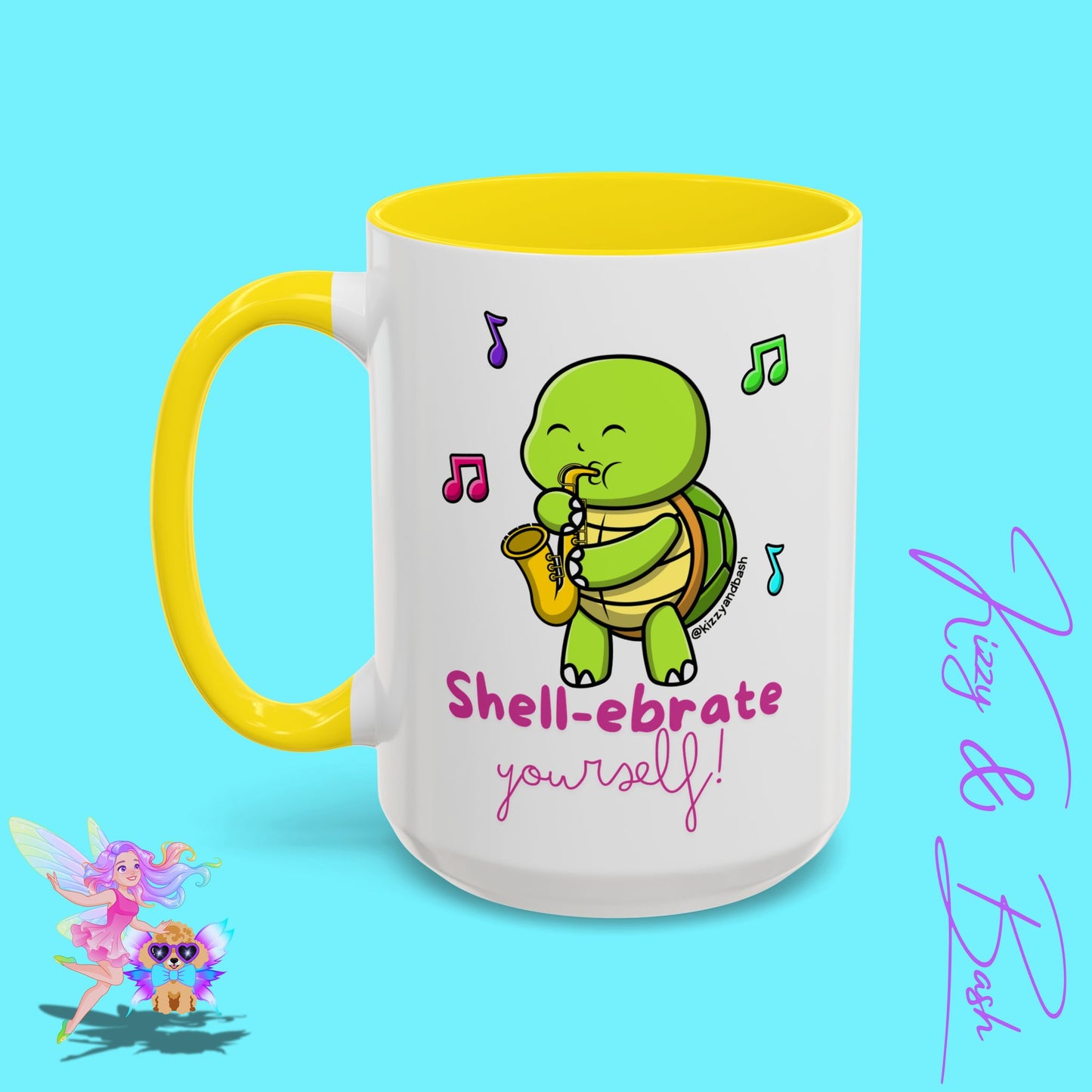 Cute Turtle Coffee Mug Funny Turtle Mug Saxophone Playing Turtle Perfect Teacher Appreciation Gift Funny Band Camp Mug Gift for Band Teacher Shell-ebrate Yourself Funny Pun Mug Celebrate Yourself Accent Coffee Mug - 11, 15oz