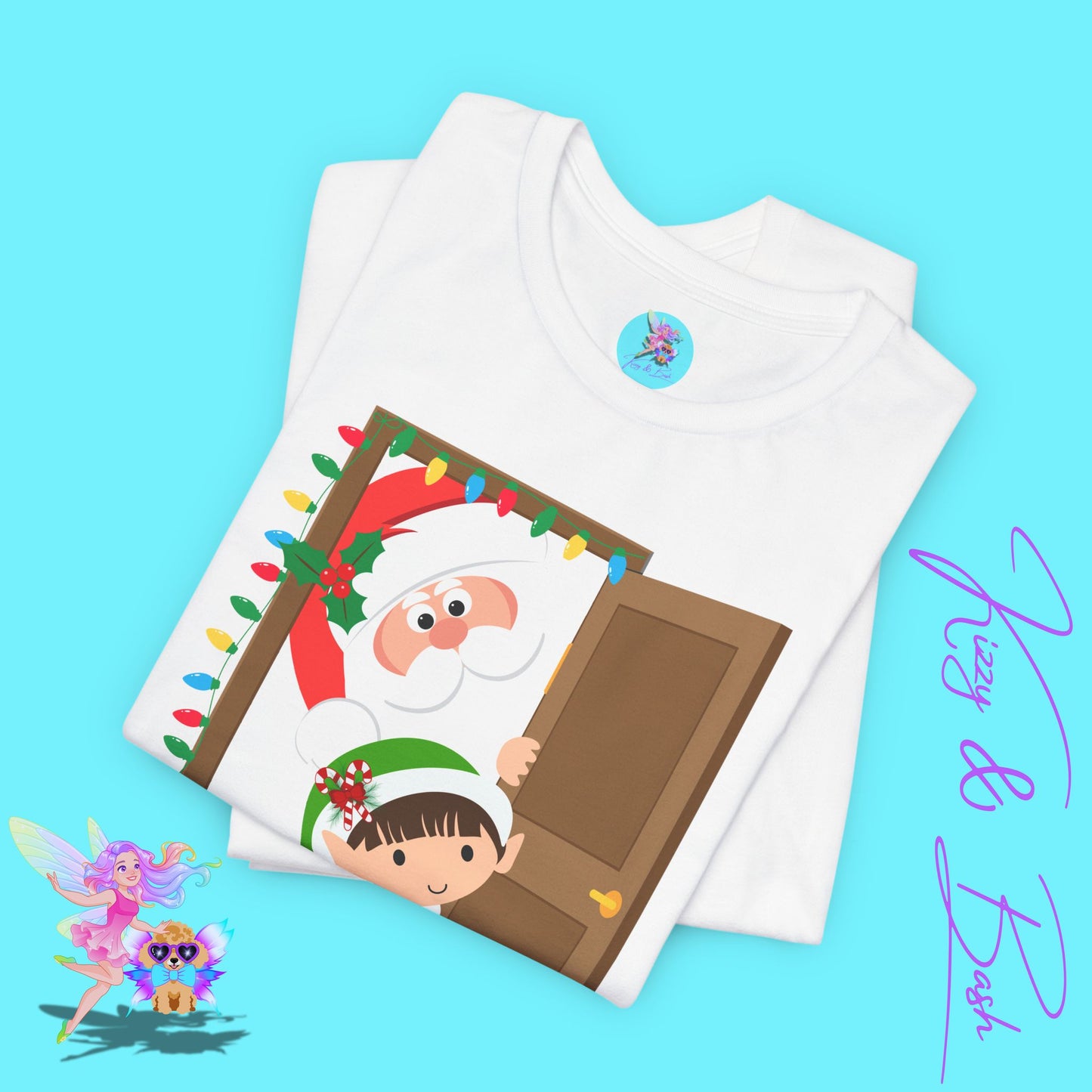 Funny Santa and Elf Christmas Shirt “We Know You’re Awake!” Doorway Peeking Design Holiday Graphic Tee for Him or Her Adult Unisex Jersey Short Sleeve Tee